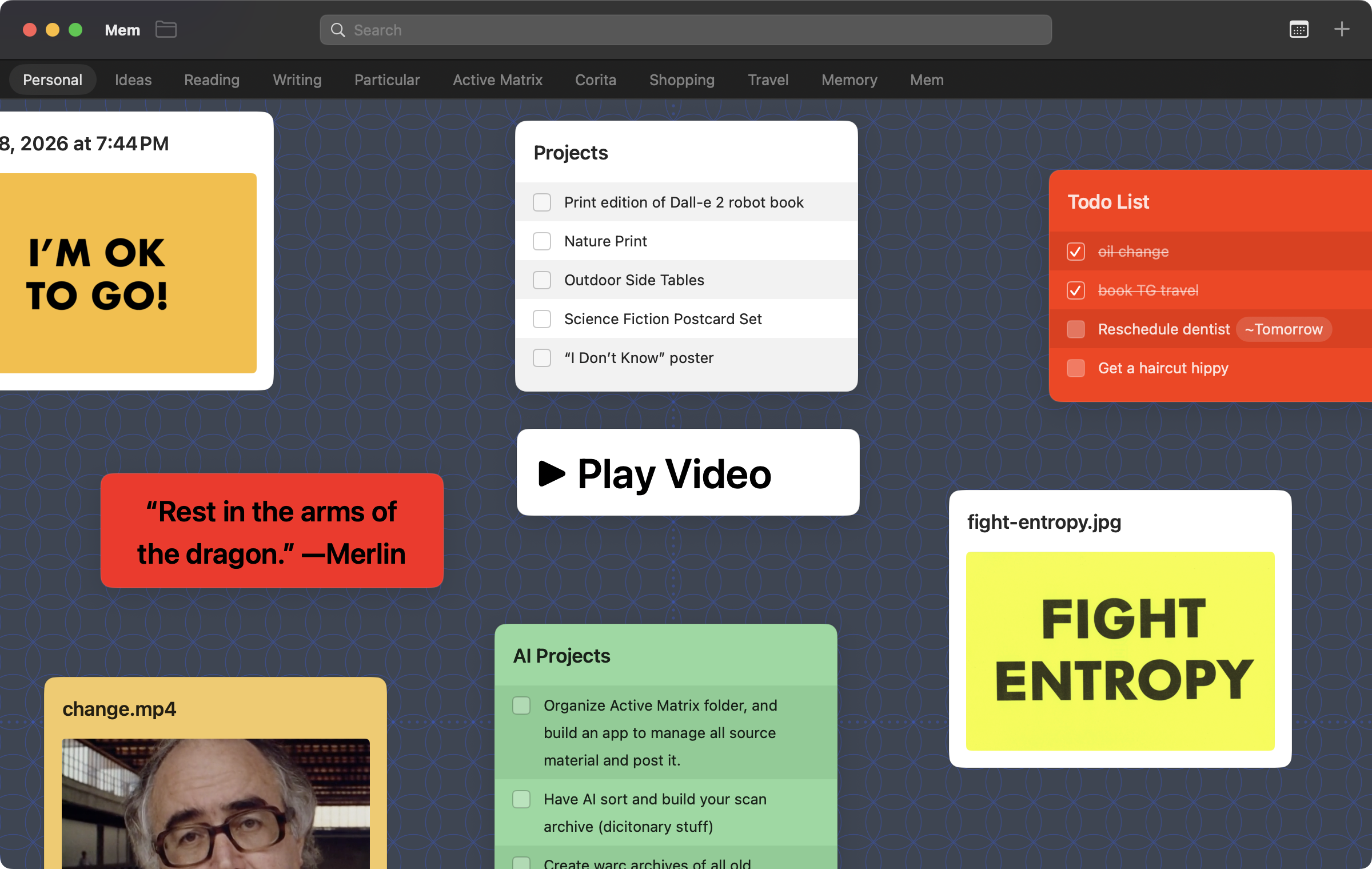 Mem: a visual workspace with notes, images, projects, and to-do lists.